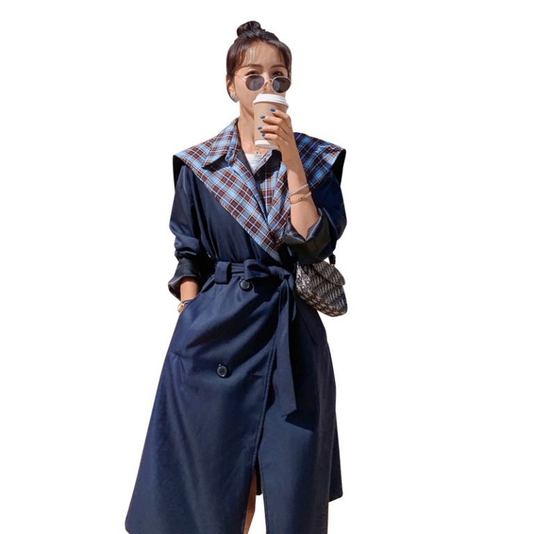 Plaid Stitching Trench Coat British Style